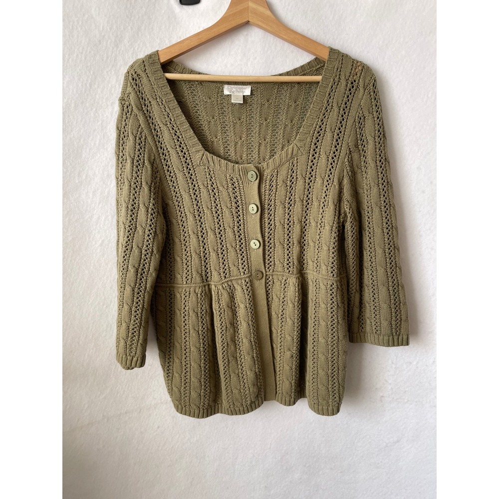 Christopher & Banks Olive Green Pointelle Knit Cardigan Sweater XL Square Neck